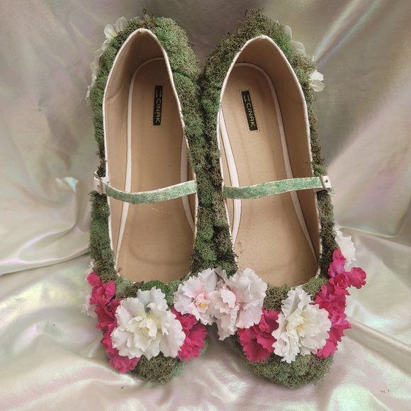 Custom One of a Kind Size 11 Topiary Moss and Flower Flat Mary Jane Shoes OOAK - Picture 3 of 11